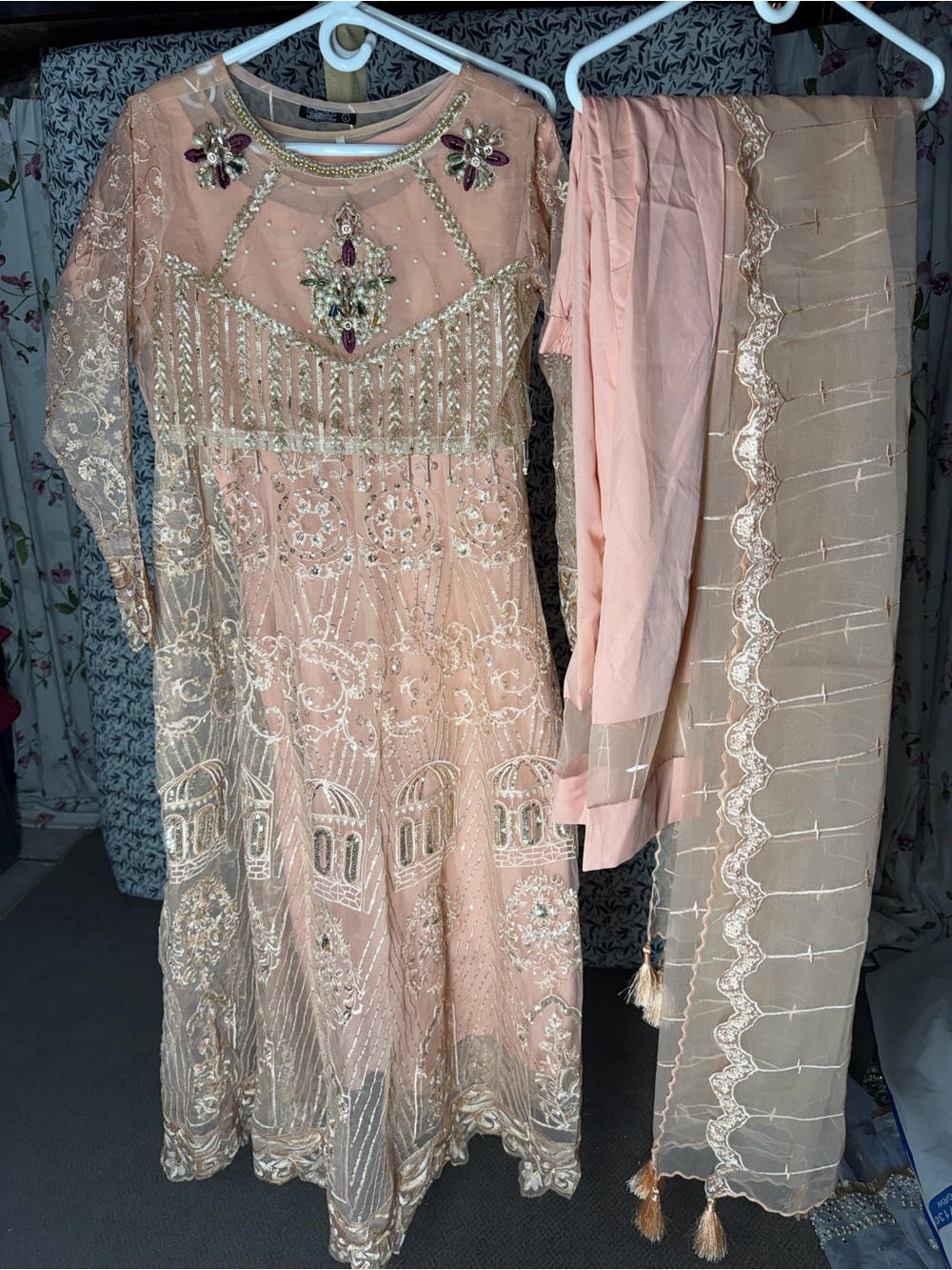 Embroidered Peach Long-Sleeve Formal Dress with Dupatta